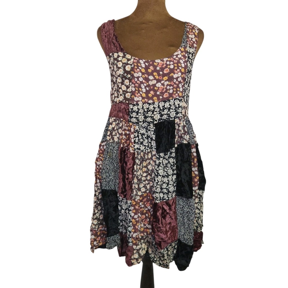 Vintage 90s Patchwork Dress Boho Grunge Fall Floral Velvet Short Size S Women's